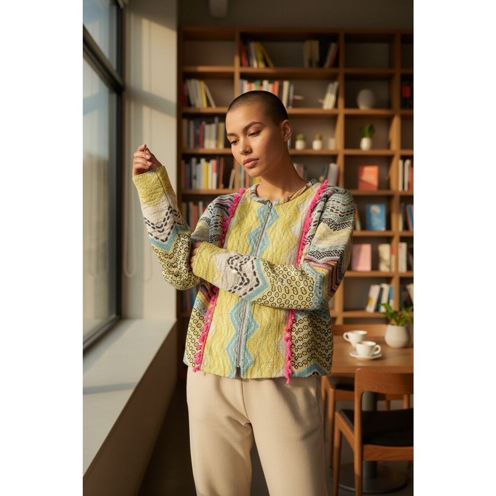 Holly Bracken Women's Blazer Jacket XS Yellow Blue Pink Chevron Print Zip Front
